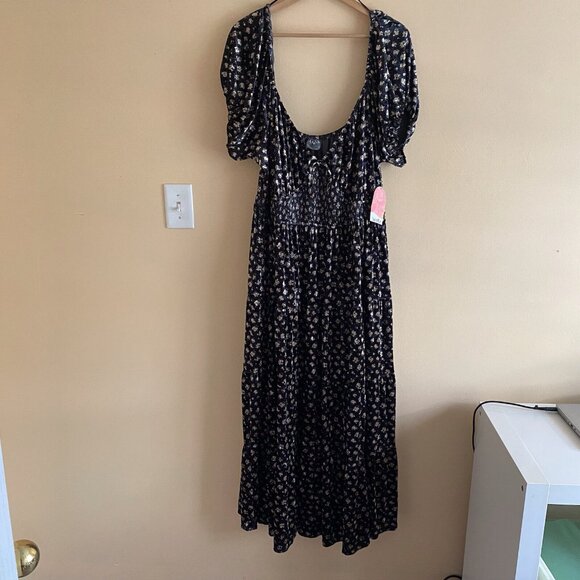 Arula B Maxi Dress Woman 2X Dark Floral Smocking Tiered Puff Sleeve Goblin Witch - Picture 2 of 16